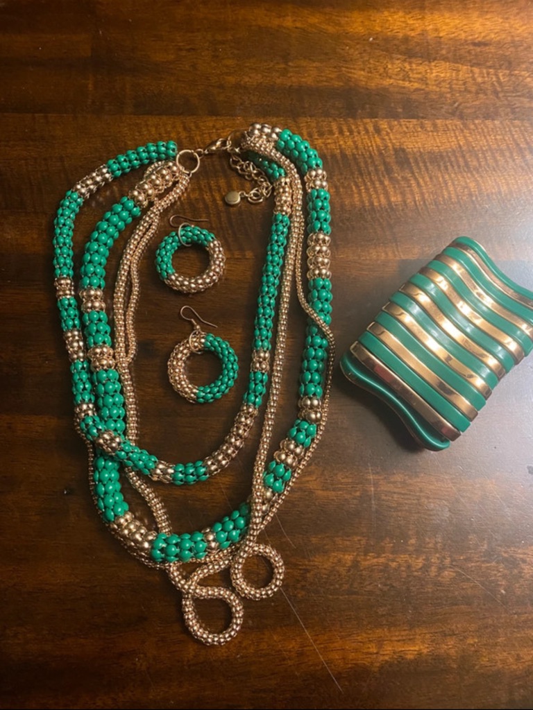Gold And Teal Beaded Multi-Strand Necklace With Hoop Earrings